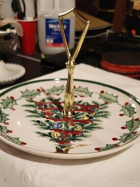 Lefton Christmas Hand Painted Dessert Plate Brass Handle